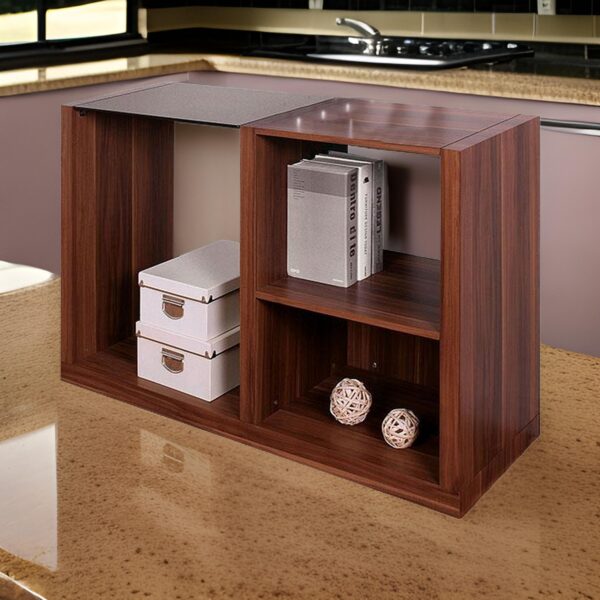 150220266991abcf63d8f.jpeg Bere 47 Inch Sofa Table with Black Glass Top, Open Shelves, Brown Wood