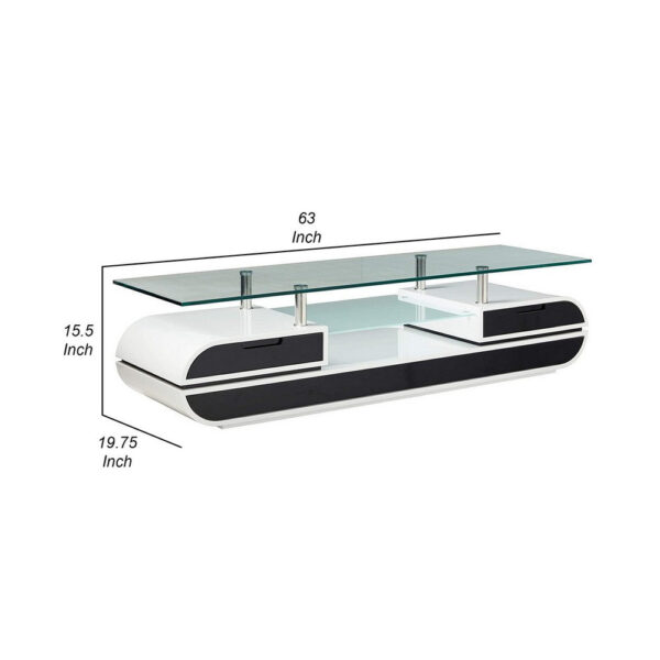 63 Inch TV Entertainment Console, Glass Top, Chrome Posts, Black, White
