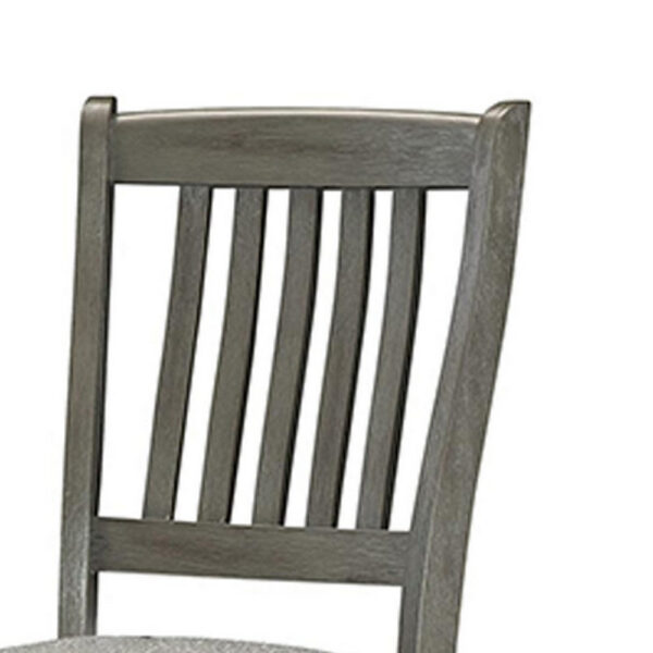26 Inch Counter Height Chair Set of 2, Slat Back, Gray Wood, Fabric Seat