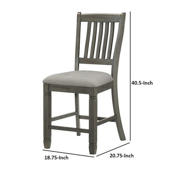 26 Inch Counter Height Chair Set of 2, Slat Back, Gray Wood, Fabric Seat