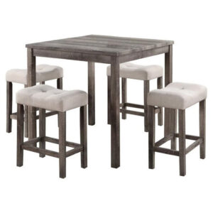 5 Piece Counter Height Table Set with 4 Stools, Beige Fabric, Gray Wood