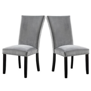 28 Inch Dining Side Chair Set of 2, Padded Gray Flannelette, Black Wood