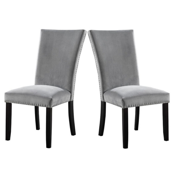 28 Inch Dining Side Chair Set of 2, Padded Gray Flannelette, Black Wood