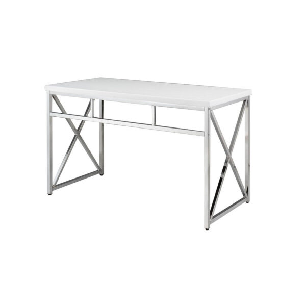 Gracie 47 Inch Desk, White Rectangular Top, Metal Legs in Chrome Finish