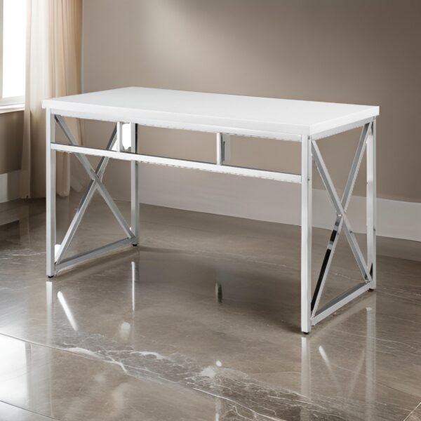 Gracie 47 Inch Desk, White Rectangular Top, Metal Legs in Chrome Finish