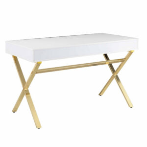 150220266991ac92d58c6.jpeg Gracie 47 Inch Desk, White Rectangular Top, 2 Drawers, Gold Metal Legs