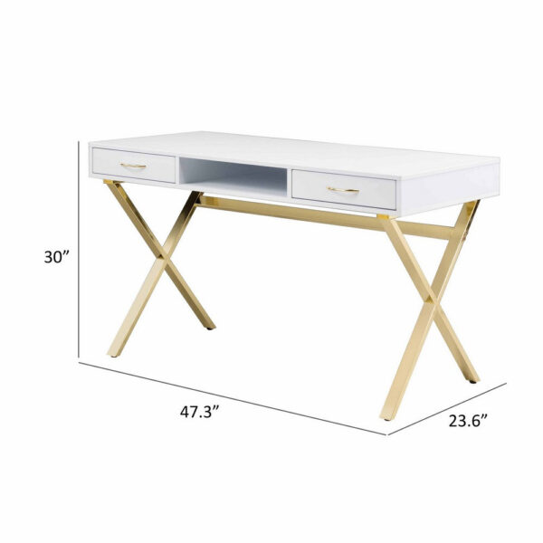 Gracie 47 Inch Desk, White Rectangular Top, 2 Drawers, Gold Metal Legs