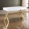 Gracie 47 Inch Desk, White Rectangular Top, 2 Drawers, Gold Metal Legs