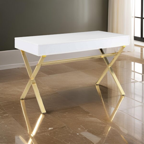 Gracie 47 Inch Desk, White Rectangular Top, 2 Drawers, Gold Metal Legs