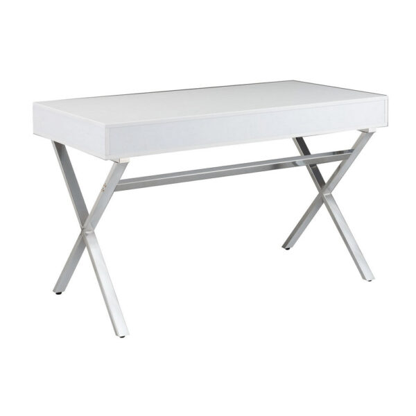 Gracie 47 Inch Desk, White Rectangular Top, 2 Drawers, Chrome Metal Legs