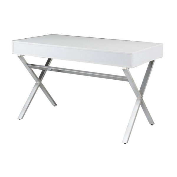 Gracie 47 Inch Desk, White Rectangular Top, 2 Drawers, Chrome Metal Legs