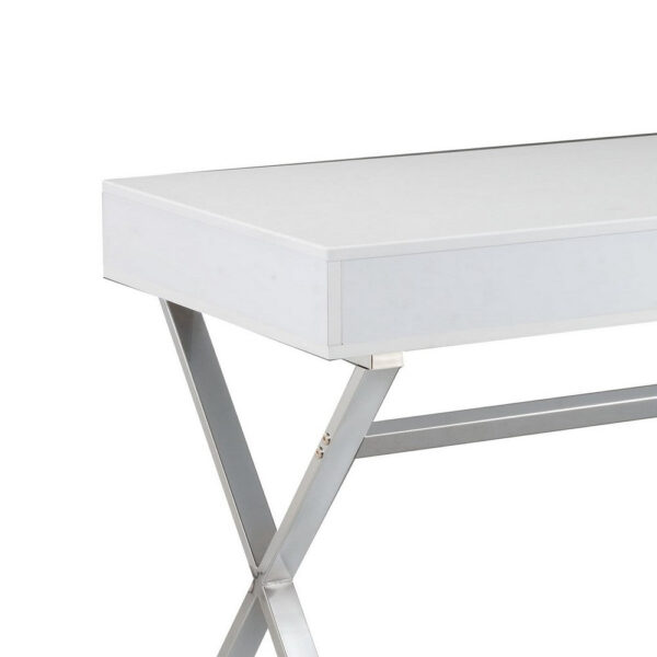 Gracie 47 Inch Desk, White Rectangular Top, 2 Drawers, Chrome Metal Legs