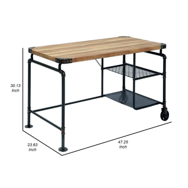 150220266991acd8e7dc4.jpeg 47 Inch Writing Desk, Industrial Caster Wheel, Black Metal, Brown Wood