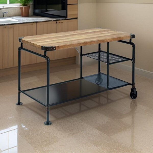 150220266991acdb2583e.jpeg 47 Inch Writing Desk, Industrial Caster Wheel, Black Metal, Brown Wood