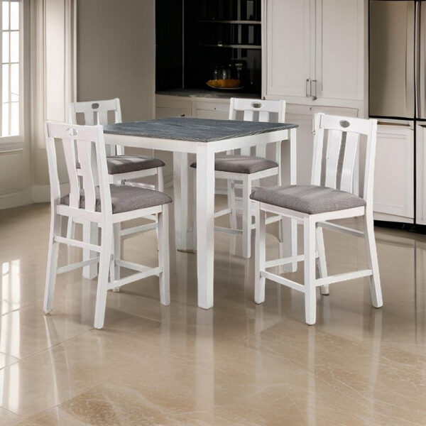 Helio 5 Piece Counter Height Dining Table and Chairs Set, White Wood, Gray
