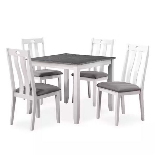 150220266991ad09ef36f.jpeg Helio 5 Piece Dining Table and Chairs Set, White Wood, Gray Fabric Seats