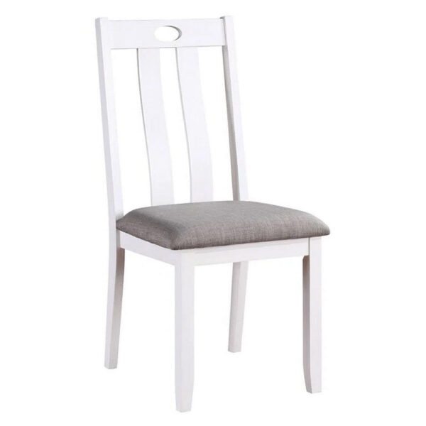 150220266991ad12f0122.jpeg Helio 5 Piece Dining Table and Chairs Set, White Wood, Gray Fabric Seats