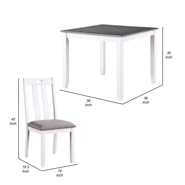 150220266991ad1a1ced3.jpeg Helio 5 Piece Dining Table and Chairs Set, White Wood, Gray Fabric Seats