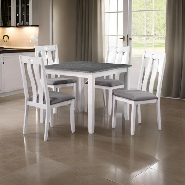 150220266991ad1d3bd47.jpeg Helio 5 Piece Dining Table and Chairs Set, White Wood, Gray Fabric Seats