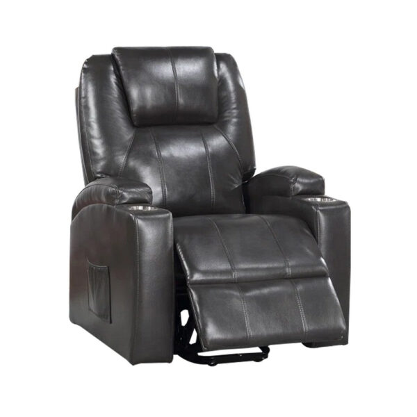 Evans 37 Inch Recliner Chair, Power Lift, Cupholders, Gray Faux Leather
