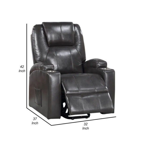 Evans 37 Inch Recliner Chair, Power Lift, Cupholders, Gray Faux Leather