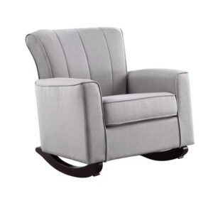 34 Inch Rocking Chair, Wood Frame, Vertical Channel Tufted Gray Linen