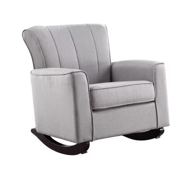 34 Inch Rocking Chair, Wood Frame, Vertical Channel Tufted Gray Linen