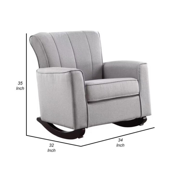 34 Inch Rocking Chair, Wood Frame, Vertical Channel Tufted Gray Linen