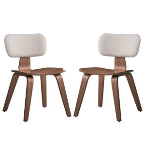 Aon 22 Inch Side Dining Chair Set of 2, Curved, White Boucle, Walnut Brown