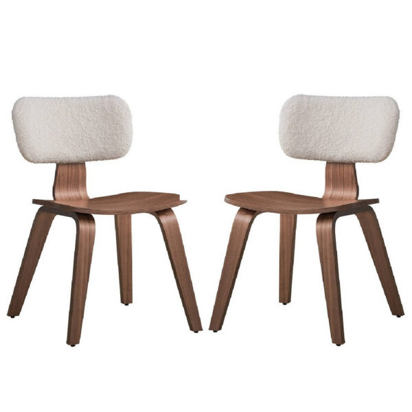Aon 22 Inch Side Dining Chair Set of 2, Curved, White Boucle, Walnut Brown