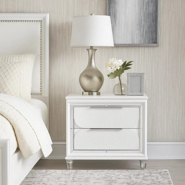 150220266991adf7ea2e1.jpeg Rara 30 Inch Nightstand, 2 Drawers, Mirror Trim, Acrylic Legs, White