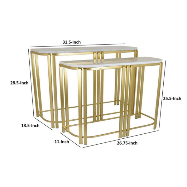 Set of 2 Accent Nesting Tables, Marble Top, Sleek Modern Gold Metal Frame