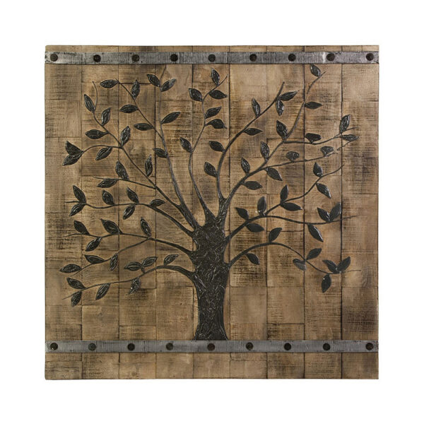 36 Inch Tree Of Life Wall Panel, Square, Mango Wood, Brown and Black