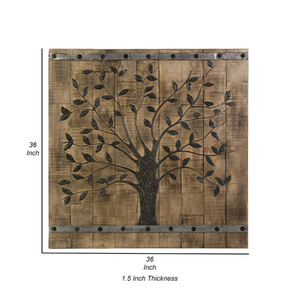 36 Inch Tree Of Life Wall Panel, Square, Mango Wood, Brown and Black