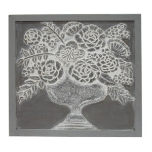 36x36 Inch Wall Art Panel, Carved Flower Vase Design, Gray White Wood