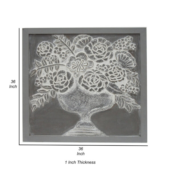 150220266991afc301c95.jpeg 36x36 Inch Wall Art Panel, Carved Flower Vase Design, Gray White Wood