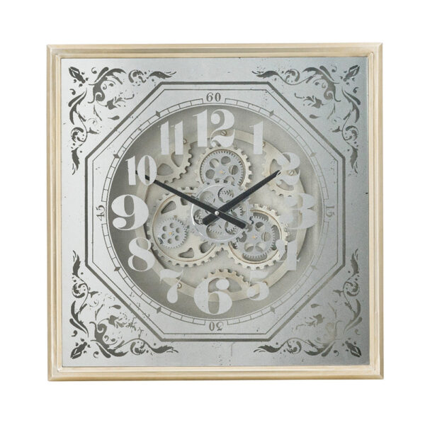 Viry 24 Inch Square Wall Clock, Analog Gear Design, Black White Iron Finish