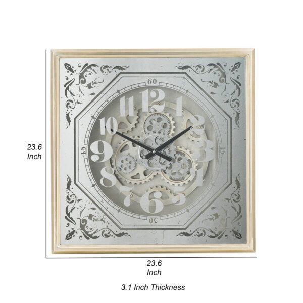 Viry 24 Inch Square Wall Clock, Analog Gear Design, Black White Iron Finish