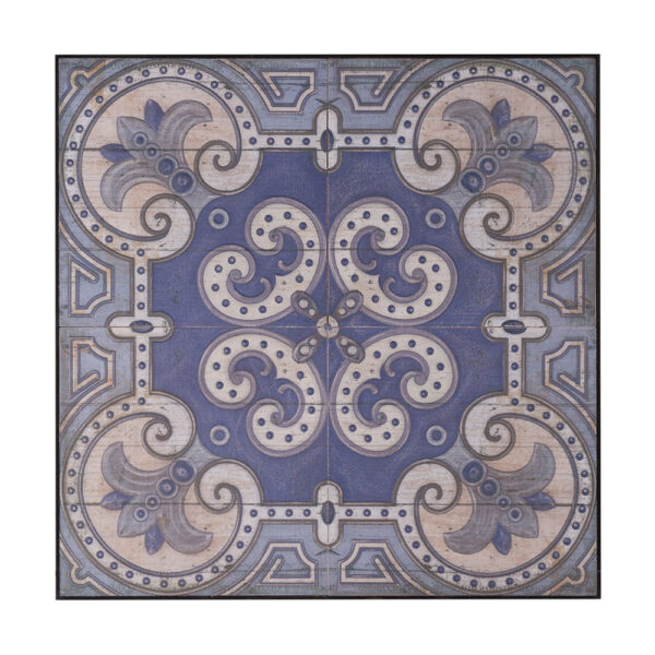 Lina 48 Inch Bordered Wall Art Tile, Square, Floral Mandala, Blue, Ivory
