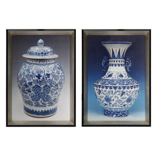 14 x 20 Set of 2 Framed Wall Art Prints, Pot Design, Blue, White, and Black