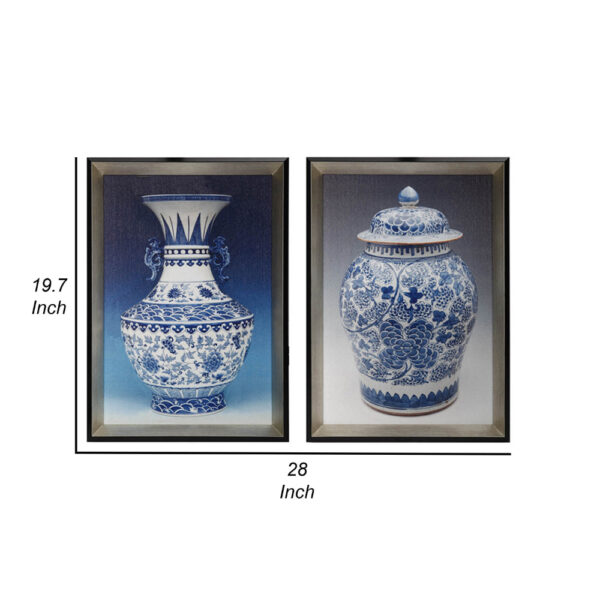 14 x 20 Set of 2 Framed Wall Art Prints, Pot Design, Blue, White, and Black