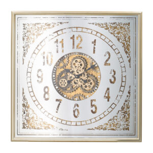 32 Inch Wall Clock, Decorative Gear Design, Square, Iron, White and Brown