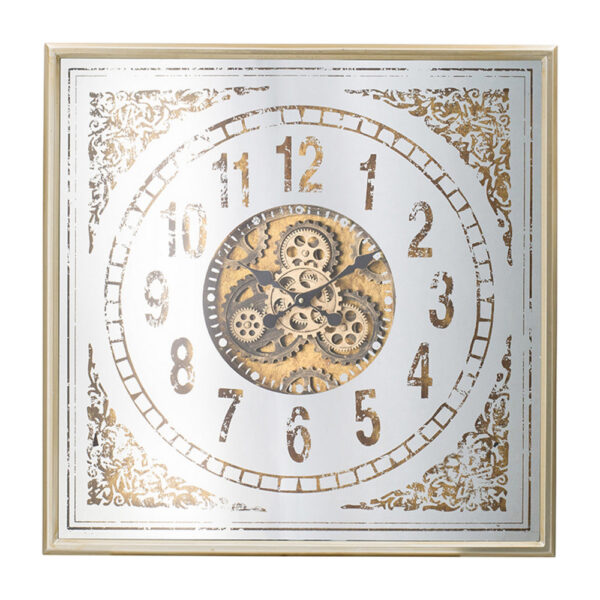 32 Inch Wall Clock, Decorative Gear Design, Square, Iron, White and Brown