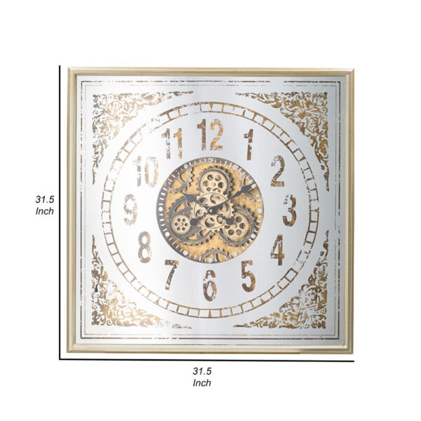 32 Inch Wall Clock, Decorative Gear Design, Square, Iron, White and Brown
