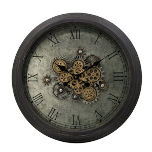 28 Inch Wall Clock, Round Vintage Gear Design, Gold and Dark Brown Finish