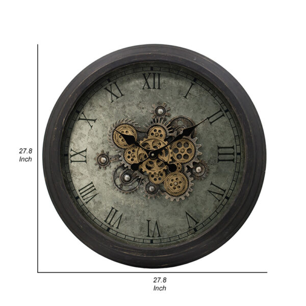 150220266991b0eedf1df.jpeg 28 Inch Wall Clock, Round Vintage Gear Design, Gold and Dark Brown Finish
