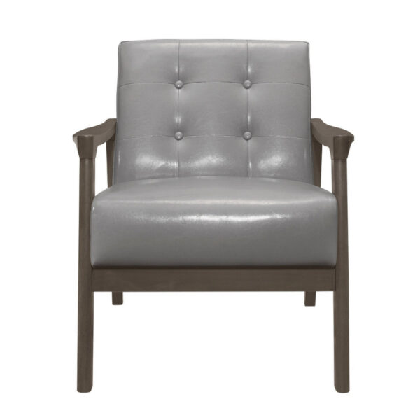 150220266991b12fa4637.jpeg Aly 31 Inch Accent Chair Armchair, Gray Faux Leather, Brown Solid Wood