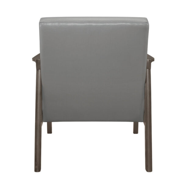 150220266991b13485195.jpeg Aly 31 Inch Accent Chair Armchair, Gray Faux Leather, Brown Solid Wood