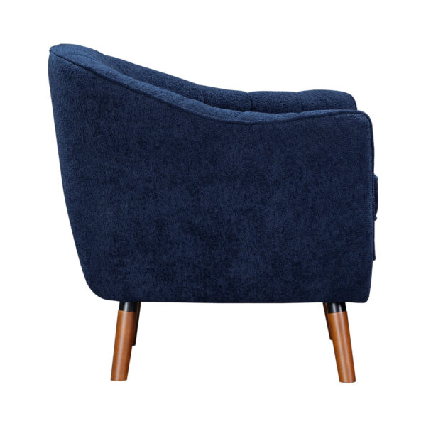 Tia 31 Inch Plush Accent Chair Armchair, Blue Polyester, Brown Solid Wood