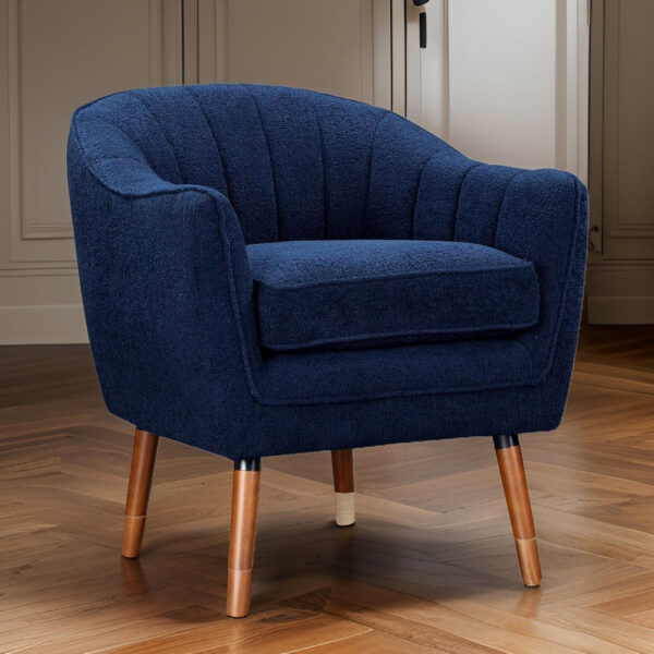 Tia 31 Inch Plush Accent Chair Armchair, Blue Polyester, Brown Solid Wood